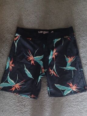 Surf Style Black Tropical Floral Swim Trunks with Teal & Orange Print